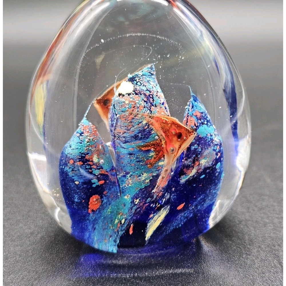 Vintage Murano Style Art Glass Oval Paperweight Blue With Fish Aquarium
